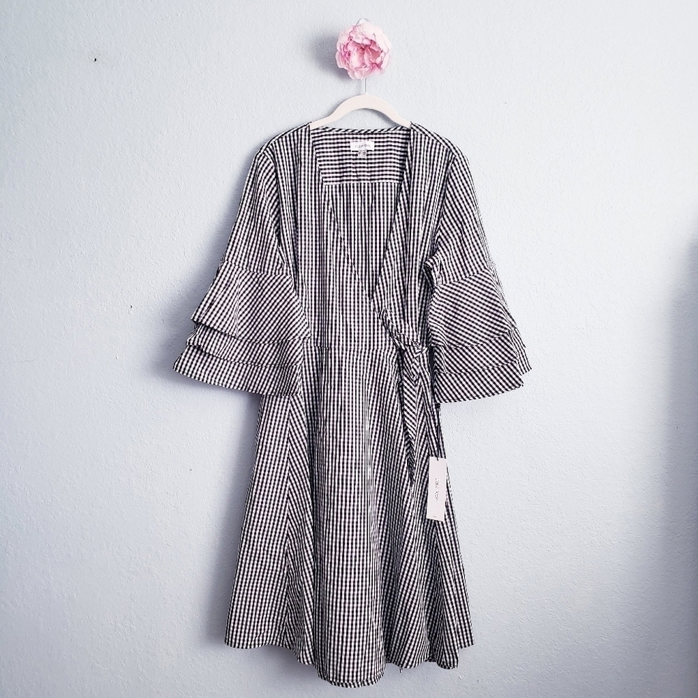 Calvin Klein Black and White Gingham Tiered Bell Sleeve Wrap Dress